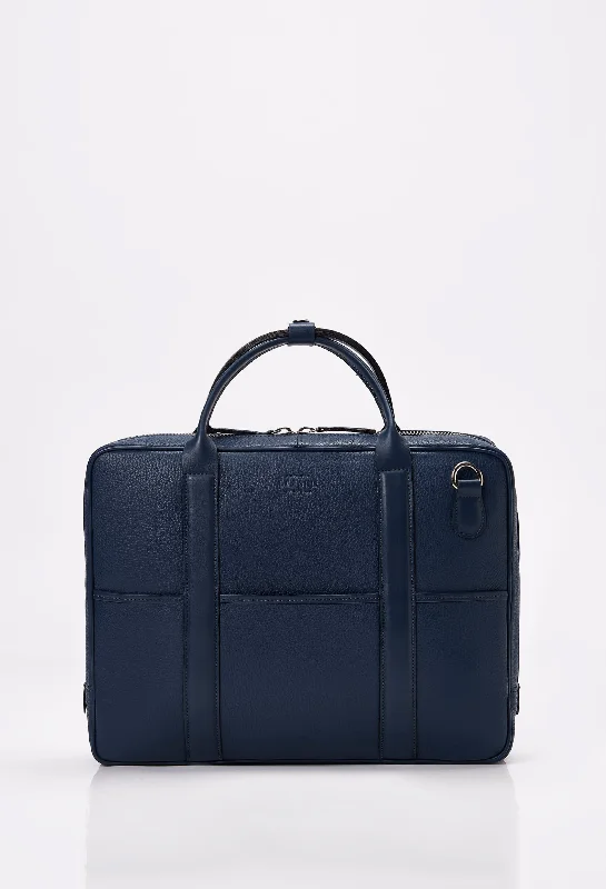 Blue Leather Business Briefcase With Laptop Compartment