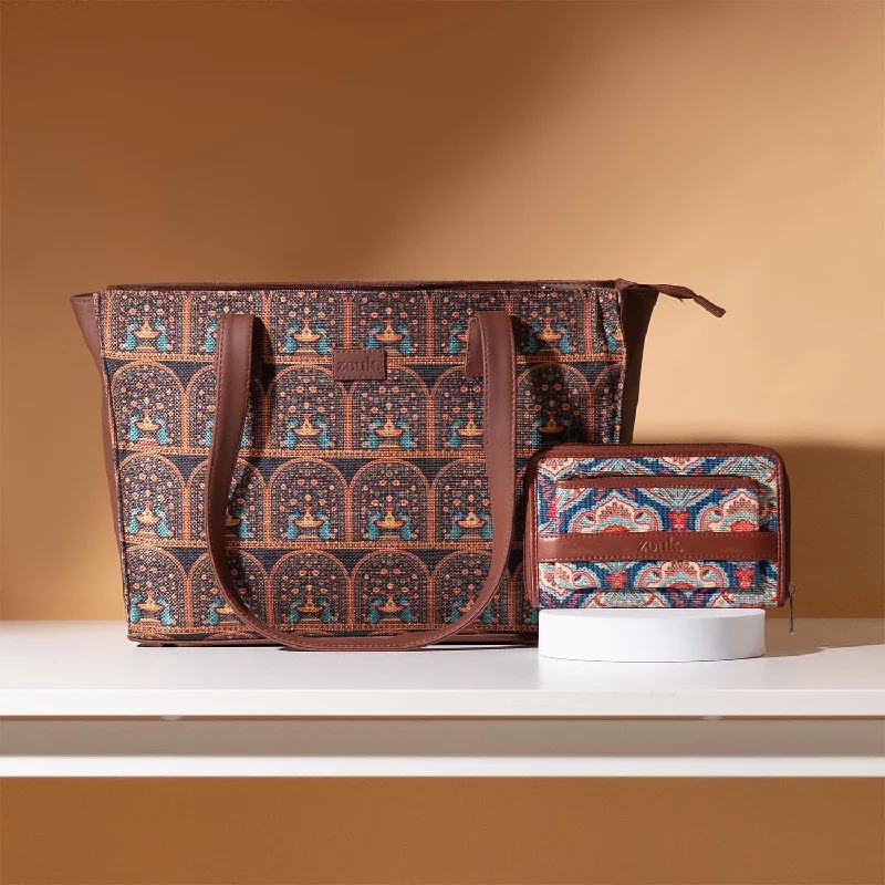 Royal Indian Peacock Motif & Kovil Blue - Office Tote Bag & Classic Zipper Wallet Combo