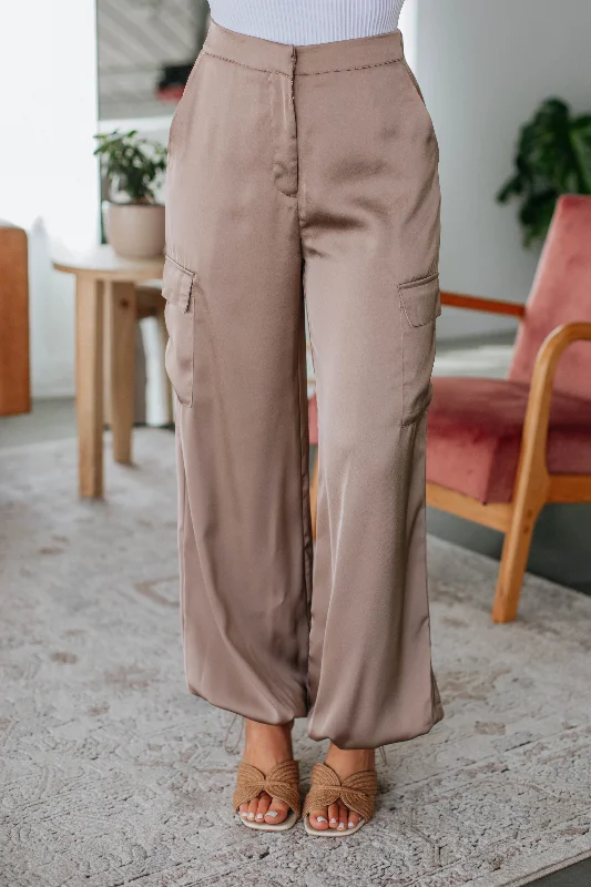 Adara Satin Cargo Pants - Taupe