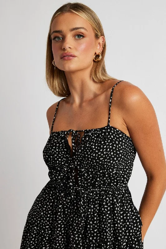 Black Ditsy Fit And Flare Dress Strappy