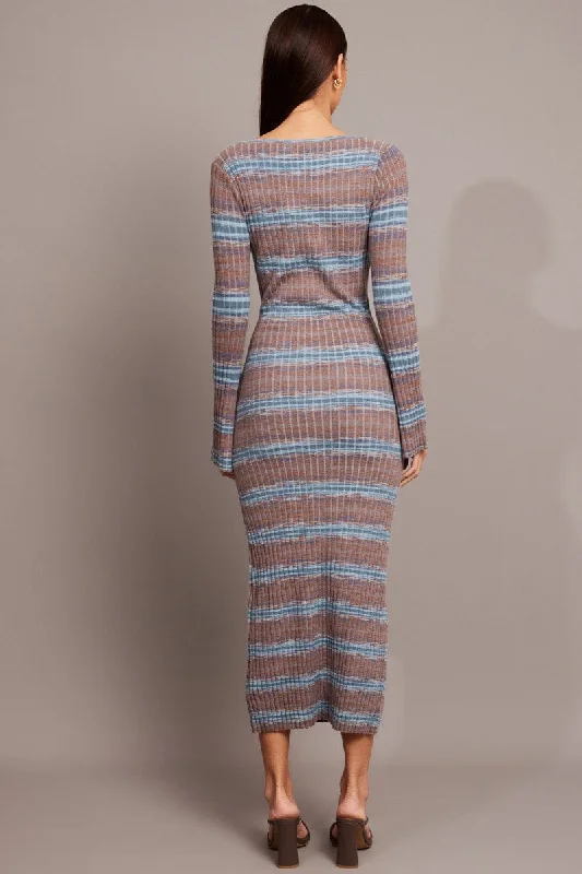 Blue Stripe Knit Dress Long Sleeve