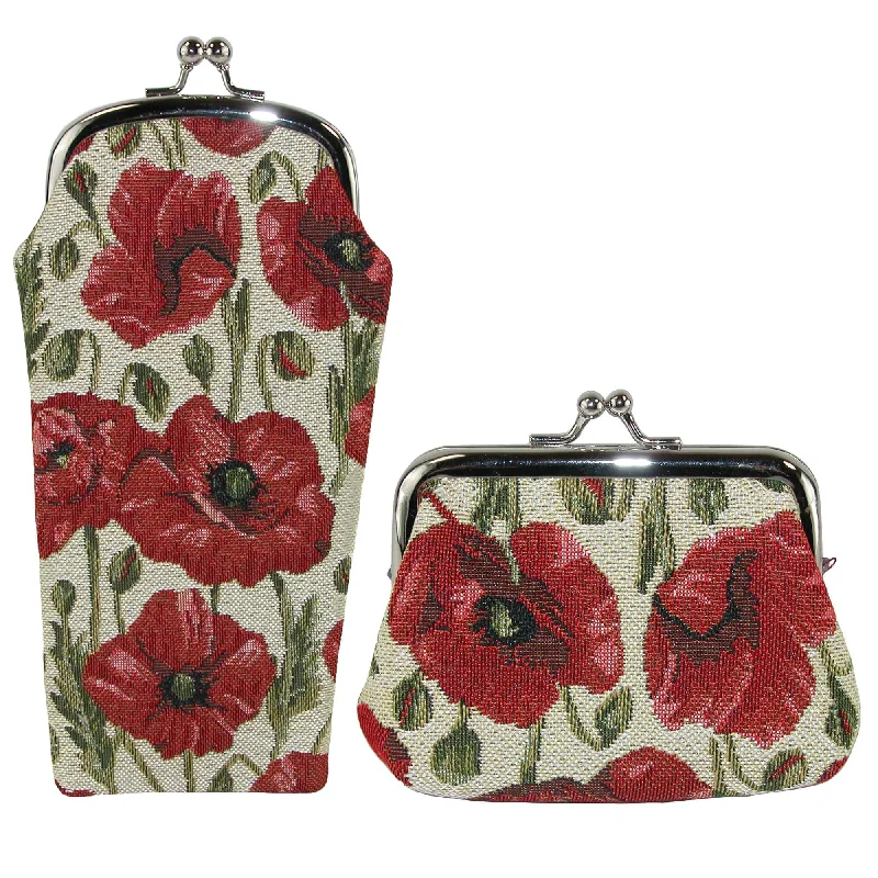 CTM® Women's Poppy Print Tapestry Glasses Case and Coin Purse Set