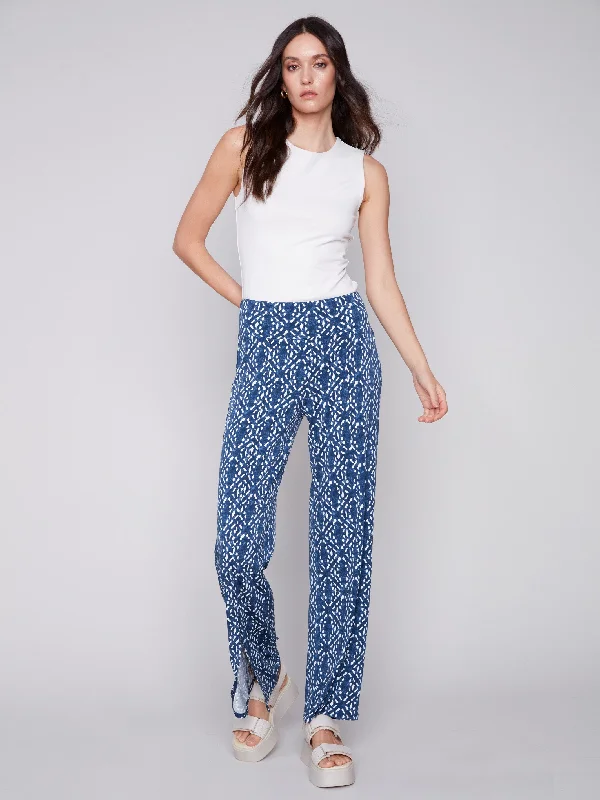 Printed Wide Leg Pants with Front Slits - Indigo