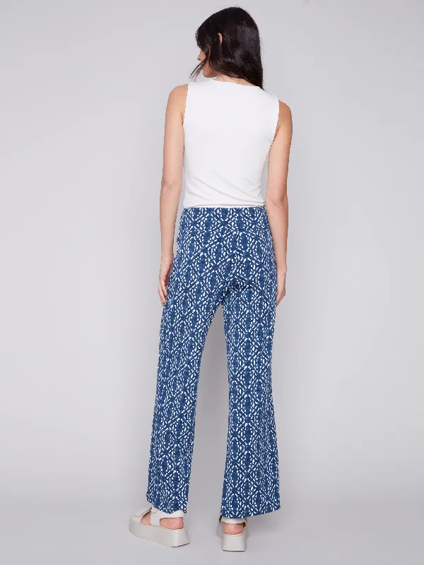 Printed Wide Leg Pants with Front Slits - Indigo