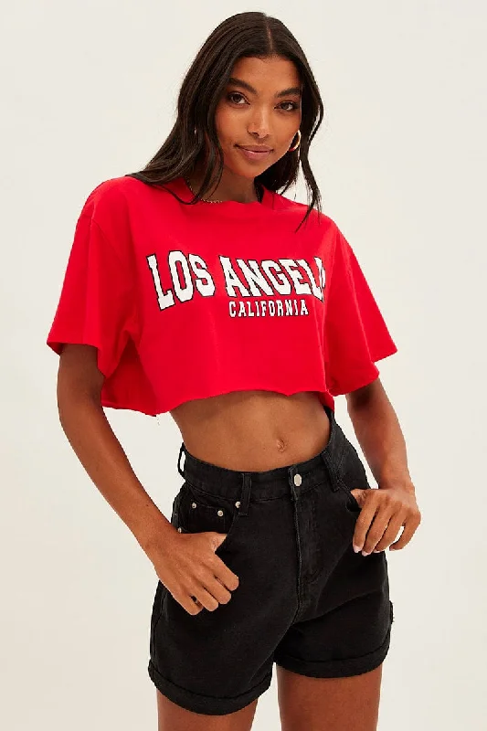 Red Los Angeles Crop Tee Short Sleeve Crew Neck