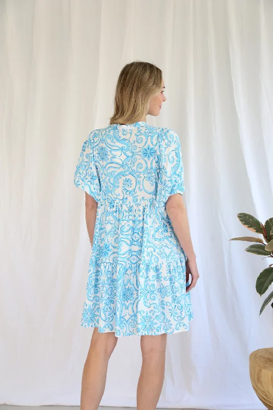 Salty Bright Tiffany Blue Floral Mini Dress