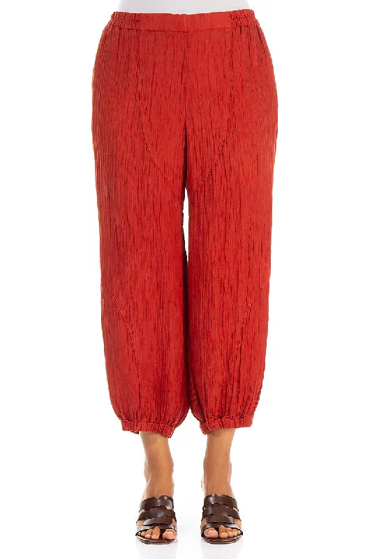 Single Back Pocket Crinkled Red Orange Silk Trousers