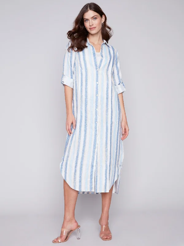 Striped Long Linen Tunic Dress - Nautical