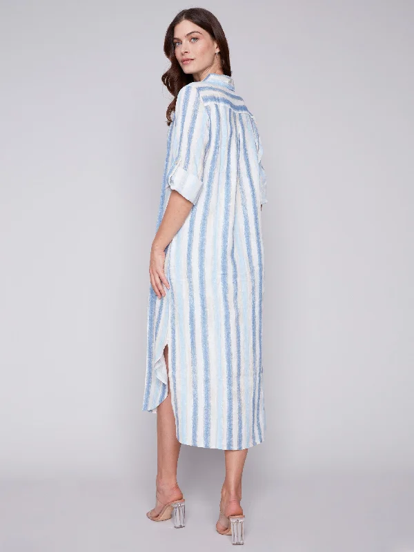 Striped Long Linen Tunic Dress - Nautical