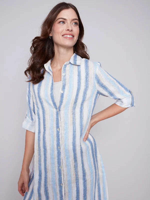 Striped Long Linen Tunic Dress - Nautical