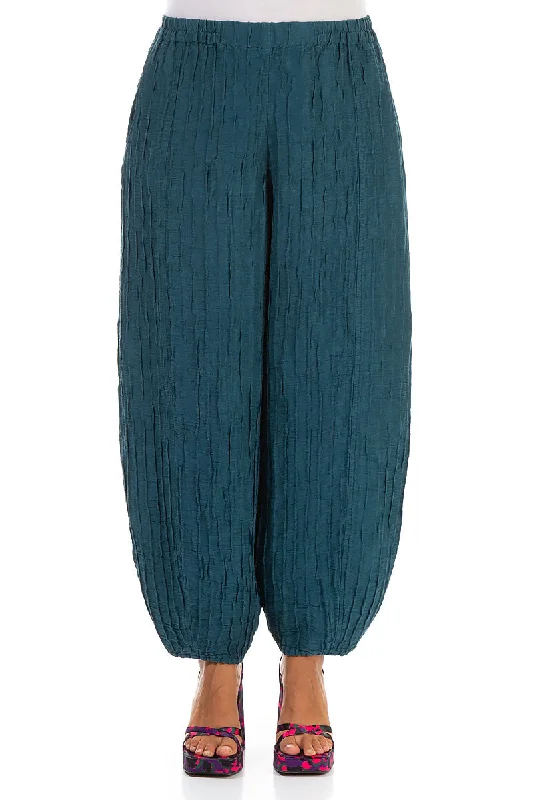 Taper Dark Teal Crinkled Silk Linen Trousers