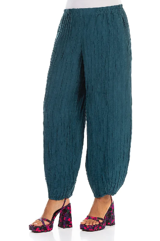 Taper Dark Teal Crinkled Silk Linen Trousers