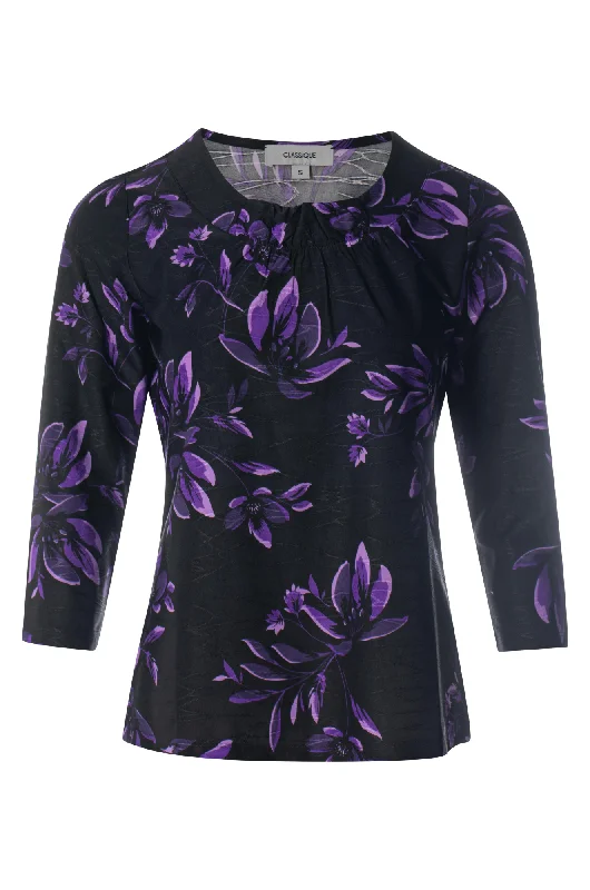 Textured Slinky Top | Blk Purple Flower | 9121ZZ