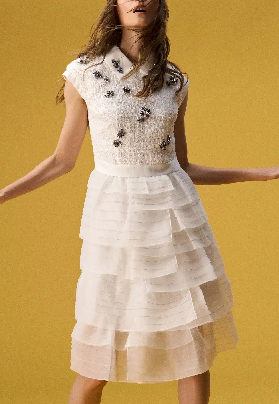 Rhinestone Embellished Tweed Organza-detailing Cocktail Dress