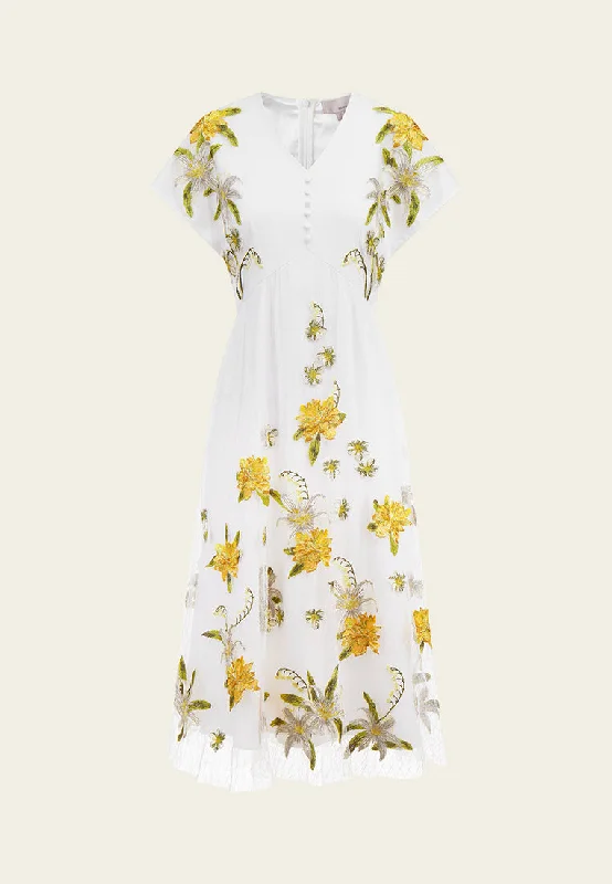 White Floral Embroidered Mesh Cap-sleeves Dress