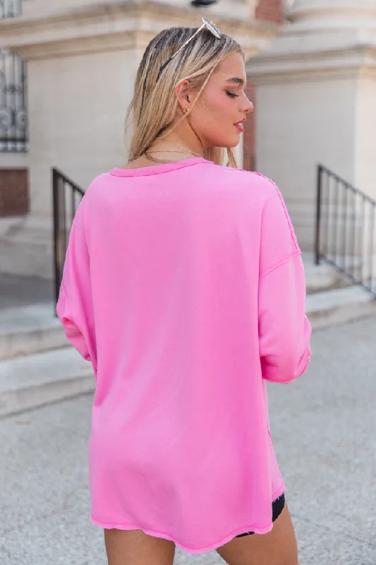 Setting Goals Pink Pocketed Long Sleeve Knit Top