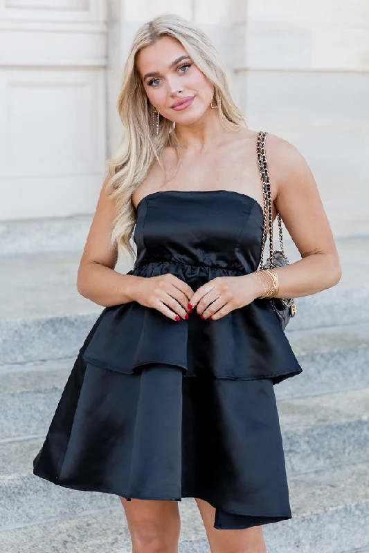 Time To Shine Black Satin Tiered Mini Dress