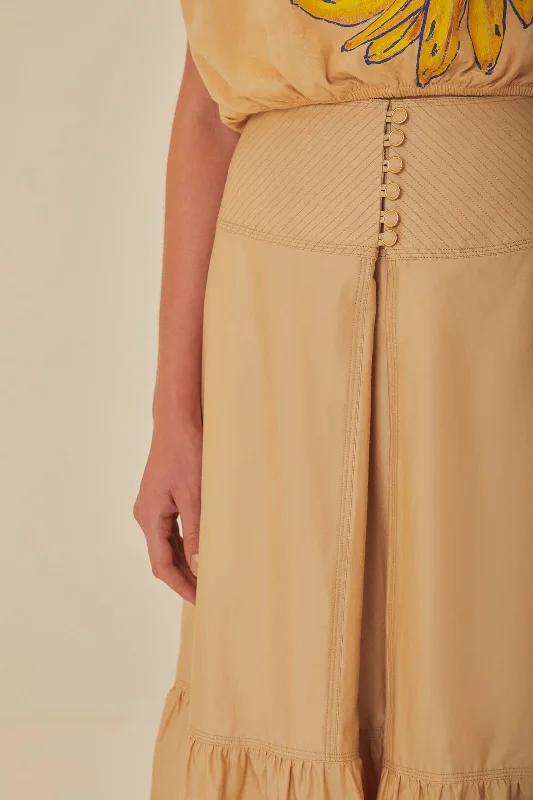 Khaki Topstitching Yoke Organic Cotton Maxi Skirt