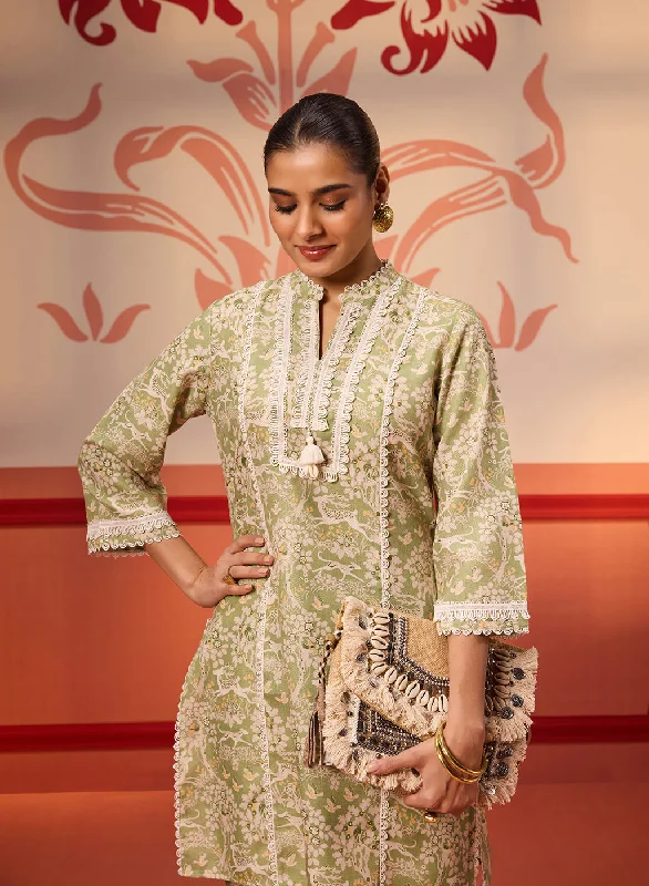 Misbah Basil Green Printed Cotton Linen Kurta Set for Women